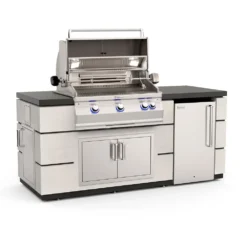 Fire Magic 77-Inch Outdoor Kitchen Island With 30-Inch Aurora Gas Grill, Refrigerator And Doors