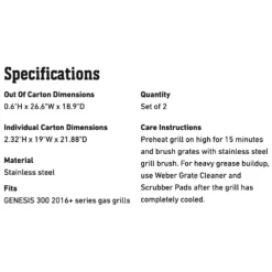 Weber Crafted Stainless Steel Grates For Genesis 300 Series Grills (WEB-7852) -Kitchen Grill Shop web 7852 spec a 05 22